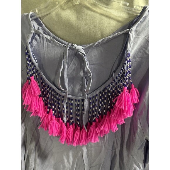 Philosophy Beaded Fringe Bell Sleeve Light Blue Vacation Dress Sz M Detail Boho - Picture 8 of 8